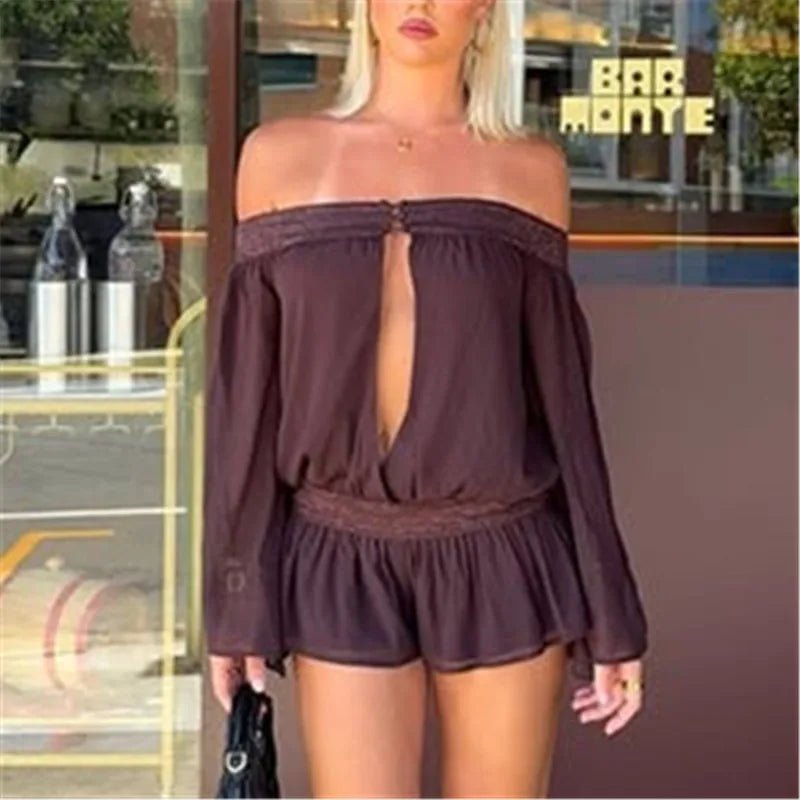 SOKYND Wilhelmina Off-Shoulder Chiffon Romper JumpsuitSOKYND-672151-BRO-S-95255BrownS