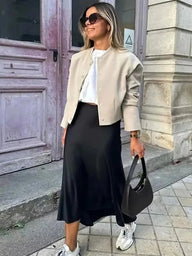 Yui High Waist Black Satin Midi Skirt