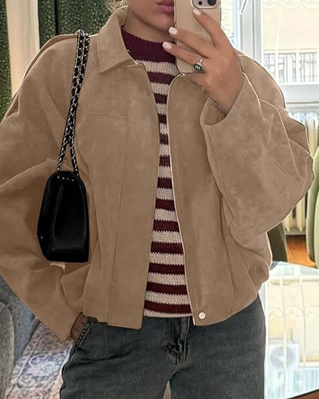 SOKYND Zelda Suede Bomber Jacket Coats & Jacketspm1767625273832829956BeigeS