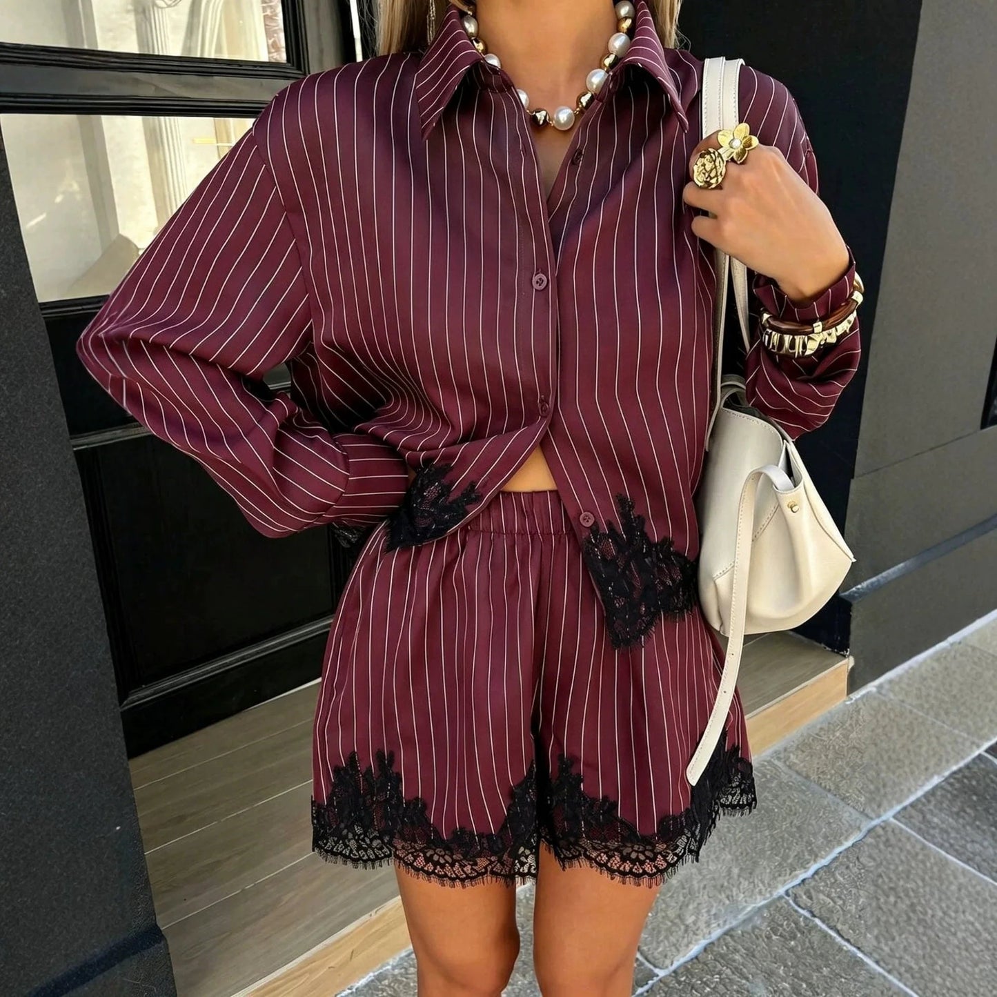 SOKYND Zenaida Pinstripe Shorts Set Matching SetsSOKYND-361239-BUR-M-35831BurgundyM